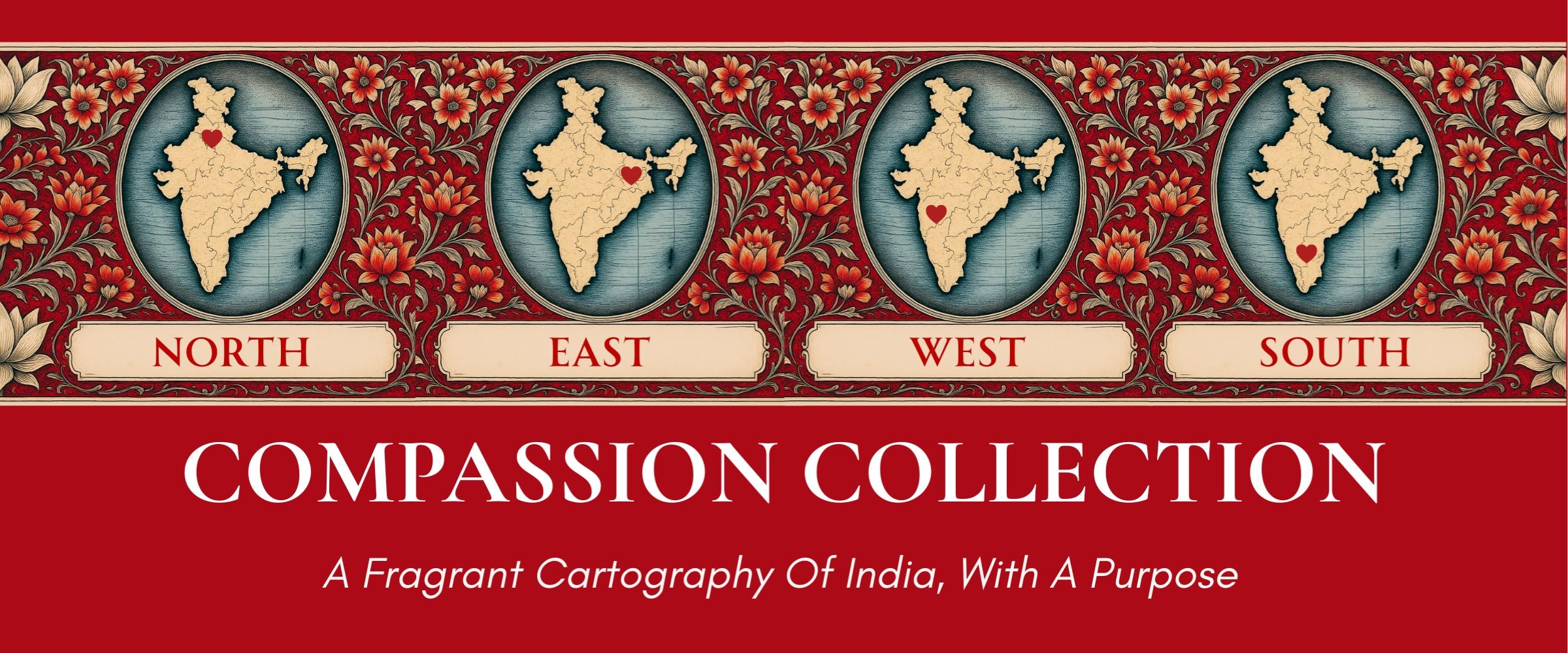 Decorative banner with cartographic design of India and text 'Compassion Collection' on a red background.