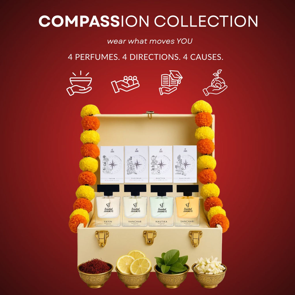 Perfume set with decorative elements on a red background, featuring the 'Compassion Collection' branding.