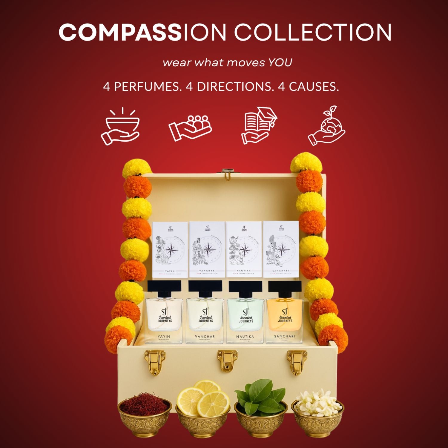 Perfume set with decorative elements on a red background, featuring the 'Compassion Collection' branding.