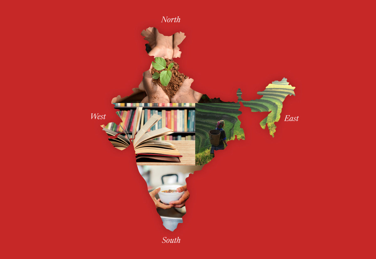 Map of India with different regions labeled on a red background