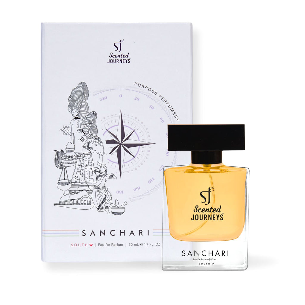 Scented Journeys Sanchari perfume bottle and packaging on a white background
