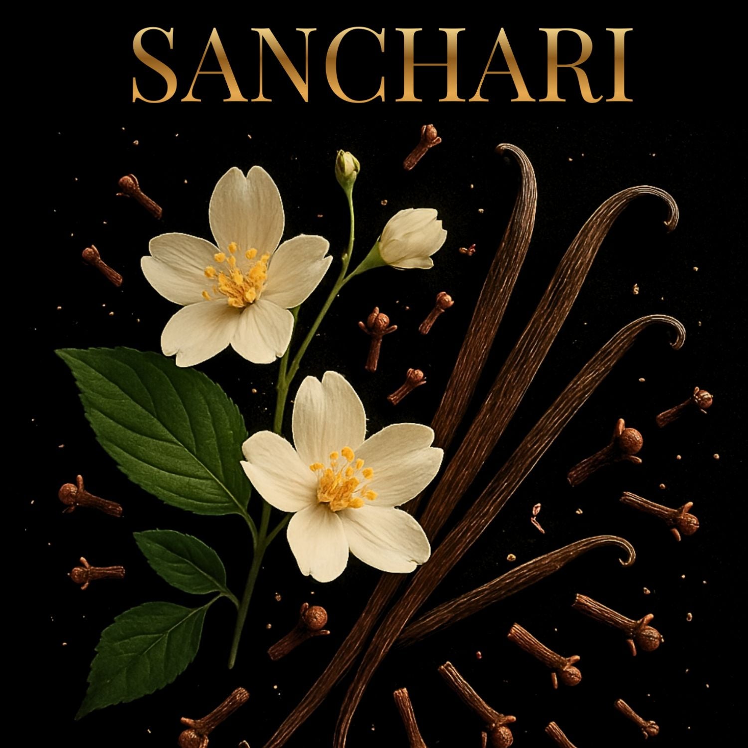 Vanilla beans, white flowers, and cloves on a black background with 'Sanchari' branding.